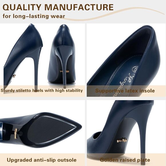 Womens Navy Polyurethane (PU) Pointed Closed Toe Slip On Heels Leather Pumps - Picture 2 of 6